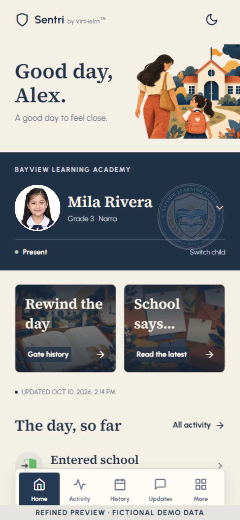 Sentri Parent App: Family dashboard screen showing fictional preview information