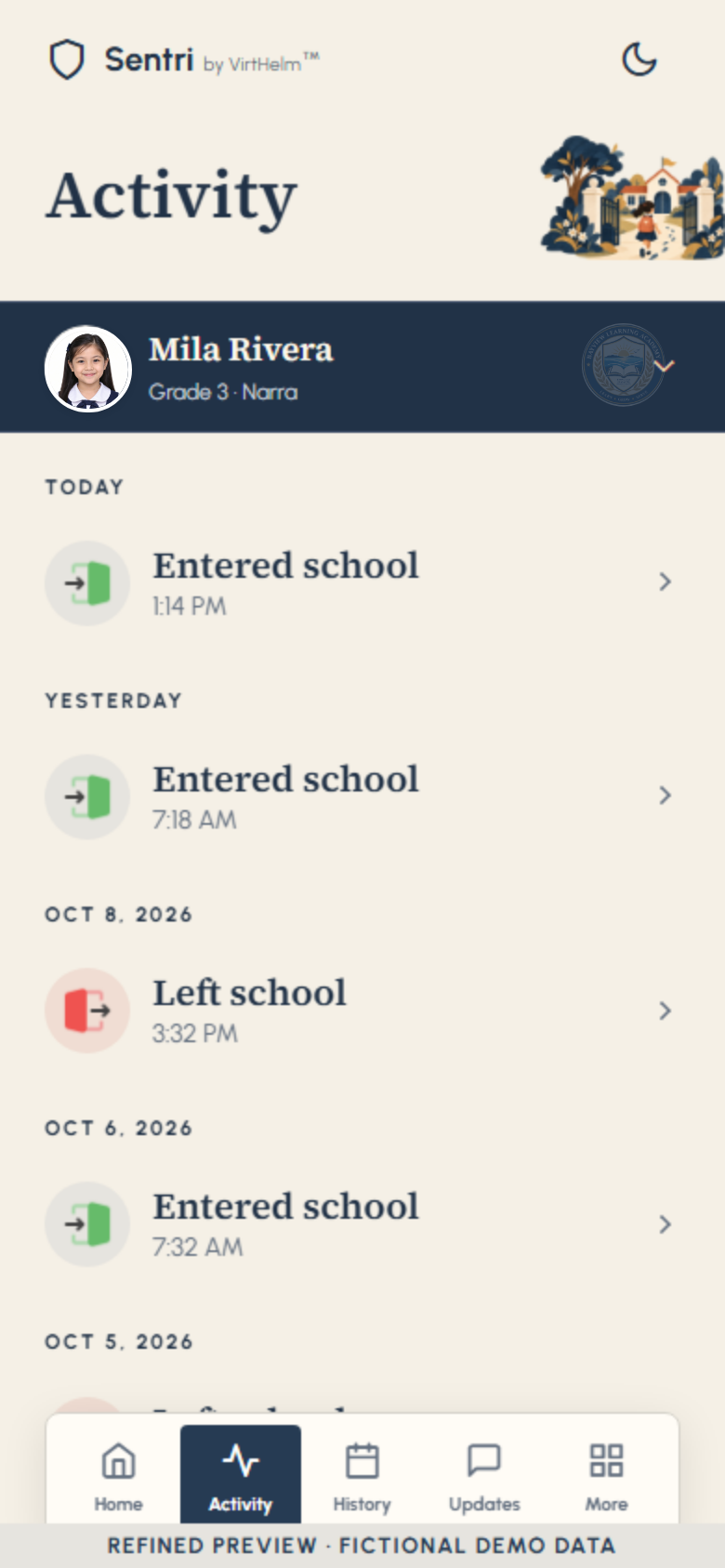 Sentri Parent App: Recorded activity screen showing fictional preview information