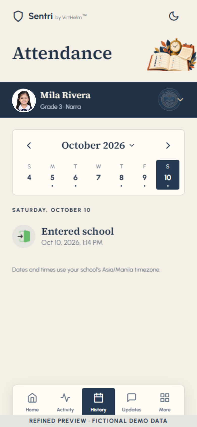 Sentri Parent App: Attendance history screen showing fictional preview information