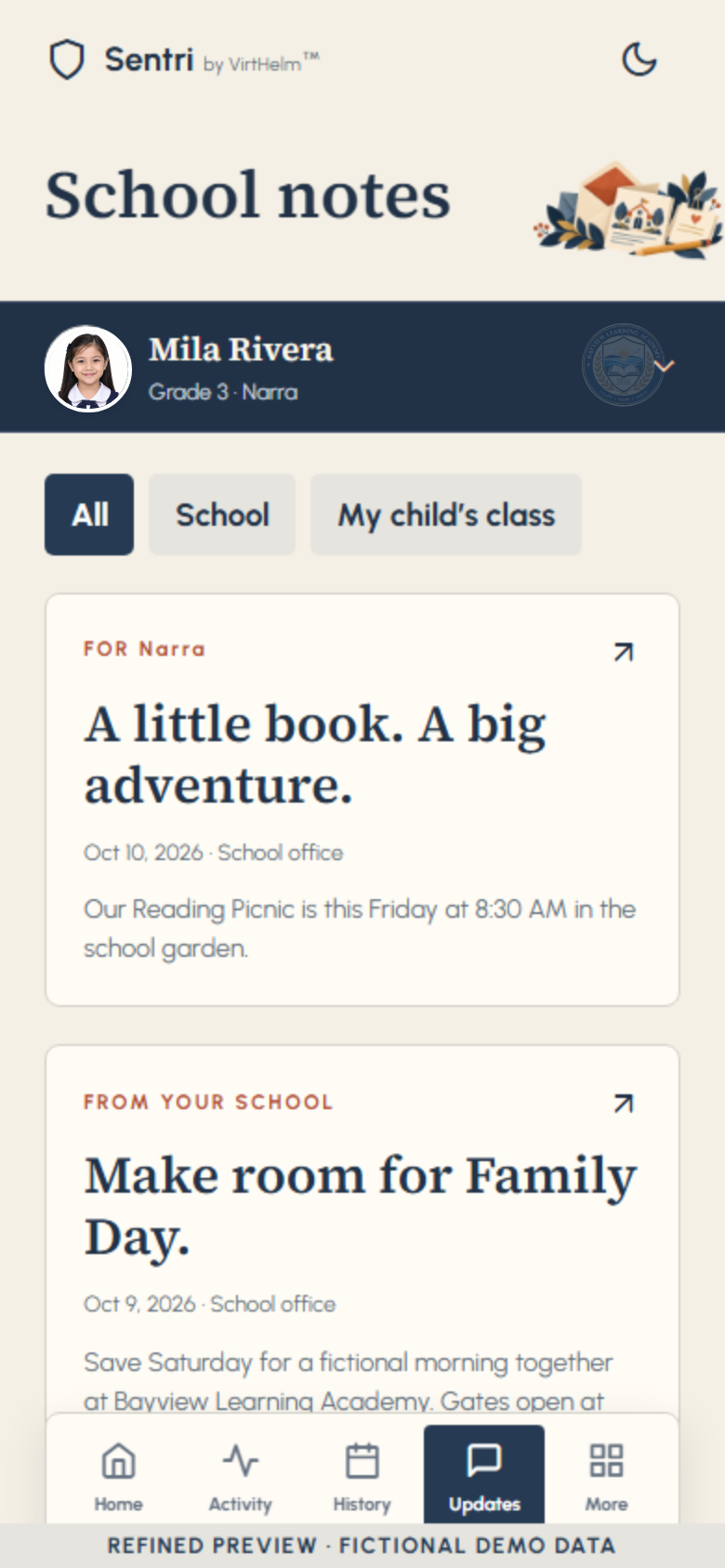 Sentri Parent App: School updates screen showing fictional preview information