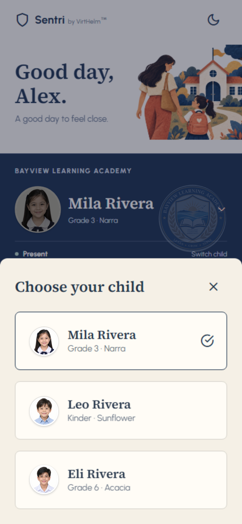 Sentri Parent App: Linked children screen showing fictional preview information